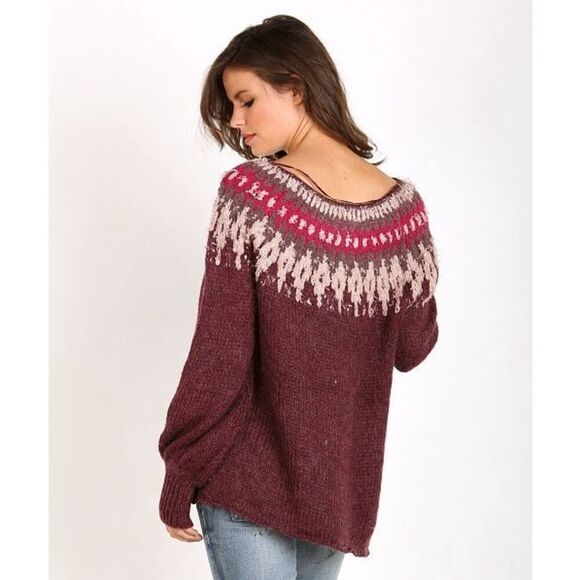 Free People Baltic Fairisle Sweater Berry Comno Wool Alpaca Blend Size XS NWOT - Picture 2 of 14